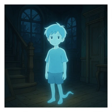 ghibli style ghost boy in a haunted house, atmospheric and whimsical sticker