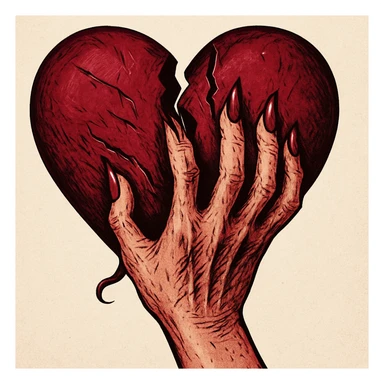 женская рука с маникюром вгоняет когти в винного цвета сердце и сильно раздирает царапает его (пальцы полусогнуты ногти вогнаны в царапины) рисованный стиль sticker
