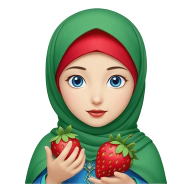 Turkish beautiful finish Konya girl blue eyes with red light green hijab islamic dress and had on her hand strawberry  sticker