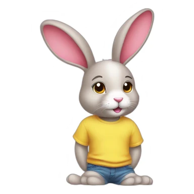 rabbit pink, pull ears, wears teeshirt yellow sticker