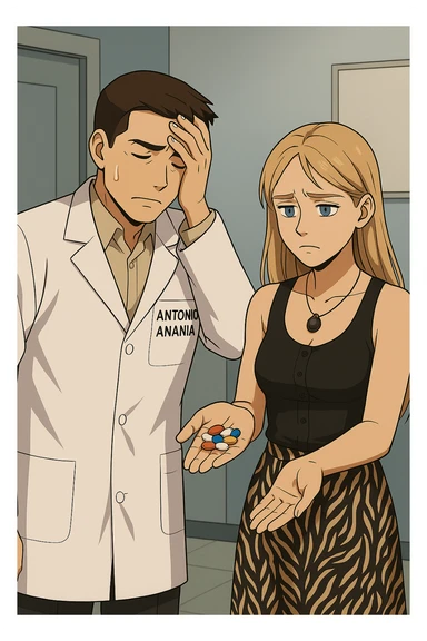 fai un webtoon/manga a colori con questo kinesiologo in camice bianco (fagli la scritta "ANTONIO ANANIA" SUL CAMICE) CHE PARLA CON QUESTA RAGAZZA CON GLI OCCHI AZZURRI. LA RAGAZZA HA UN PUGNO DI INTEGRATORI IN MANO (TANTE PILLOLE DIVERSE) E LE GUARDA DUBBIOSA. IL KINESIOLOGO CON IL CAMICE BIANCO SI TIENE UNA MANO SULLA FRONTE SCONFORTATO MENTRE LE DICE CHE STA SBAGLIANDO A PRENDERE TUTTI QUEGLI INTEGRATORI. NON FARE I FUMETTI, FAI SOLO LORO COME SE DIALOGASSERO sticker