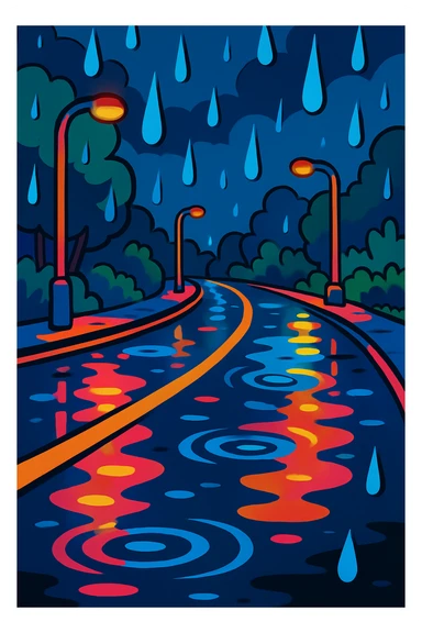 a rainy road with wet reflections and raindrops in vibrant toon style sticker