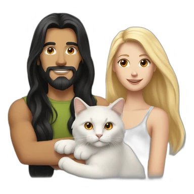 A white man with long black hair, Blonde white woman holding an orange and white cat with long hair sticker