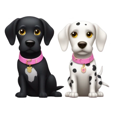 Black dog with white spotty legs and pink collar sitting next to bigger black dog with white legs and yellow collar sticker