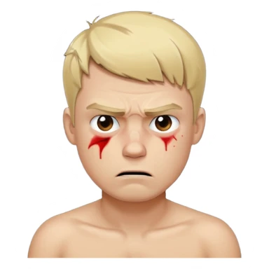 a blond guy with a short haircut, a tired and angry face, no shirt, with bruises under his eyes, and signs of beatings on his body, in the dark sticker