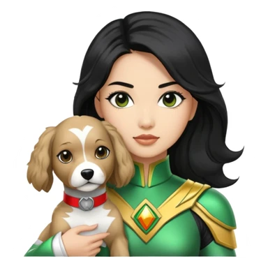 female green power ranger with wasian features, long black hair, and a fully light brown cockapoo dog at her side sticker