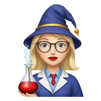 woman scientist with glasses, wearing wizard hat custome, with glass vase, red sticker