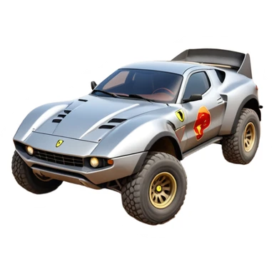 Satan’s Ferrari -colored Dirty and dented Local Motors Rally Fighter off road race car hot rod trophy truck-style basher flying on a dusty road (silver wheels) sticker