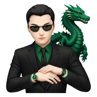 mysterious scenery: green audemars piguet watch (without text), black bugatti, and a dark green dragon, and a mysterious agent from The Matrix sticker