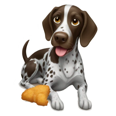 German pointer dog eating a chicken nugget sticker