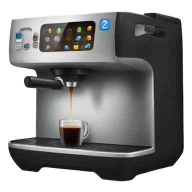 a black coffee machine with a cup  sticker