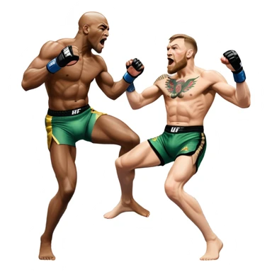 An MMA showdown between Conor McGregor and Anderson Silva in the octagon. McGregor is executing a jumping strike, while Silva skillfully deflects the attack. The background shows the UFC octagon with roaring fans and vibrant energy. Transparent background. sticker