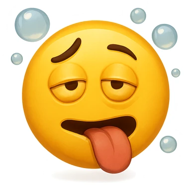 yellow face with tongue out, one eyebrow raised, bubbles, drunk expression sticker