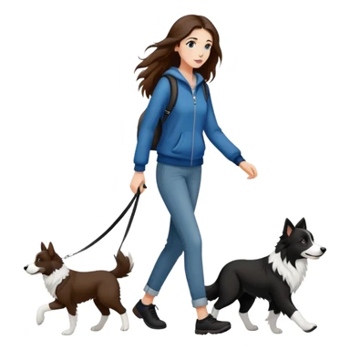 A beautiful girl with long brown hair walks a black and white Border Collie sticker