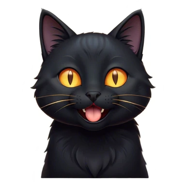 Cinematic Cute Black Cat Portrait Emoji, Head tilted playfully and yawning, sleek black fur with subtle hints of dark gray, Simplified yet adorable features, highly detailed, glowing with a warm, friendly glow, high shine, curious and affectionate, stylized with a touch of whimsy, bright and alert, soft glowing outline, capturing the essence of a mischievous yet loving kitten, so endearing it feels like it could leap out of the screen and stretch! sticker