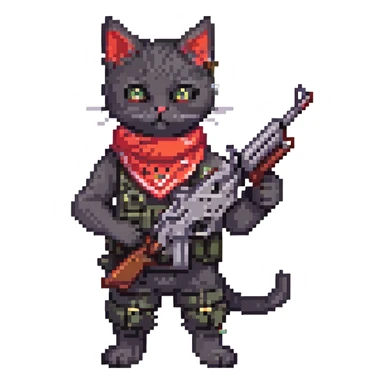 a little black cat with two machineguns and a red bandana, he's just blasting!
 sticker
