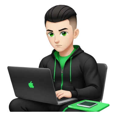 white male with dark hair, wearing a black MMA tracksuit, high fade haircut, slick back hairstyle, green eyes, green aura, coding on black laptop sticker