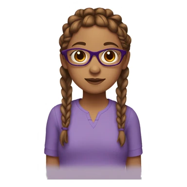 Girl with 2 brown french braids, brown eyes, glasses, and a purple shirt sticker