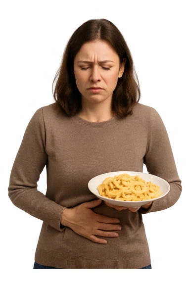 DONNA CON PIATTO DI PASTA IN MANO E MAL DI PANCIA, FA FATICA A DIGERIRE sticker