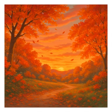 fall season sunset with vibrant autumn colors, colorful leaves, cozy atmosphere in ghibli style sticker