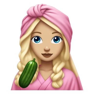 White girl with long blonde hair and blue eyes and pink lips with a spa towel on her head and a robe on with cucumbers on her eyes sticker