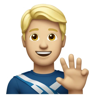 Male with blonde hair waving hand to say hello with a Scotland sticker