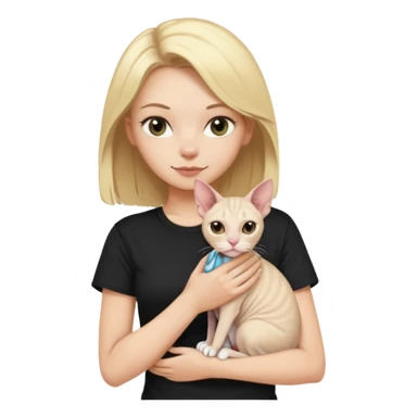 A white girl with blonde hair black T-shirt is holding a white Sphynx cat in her arms sticker