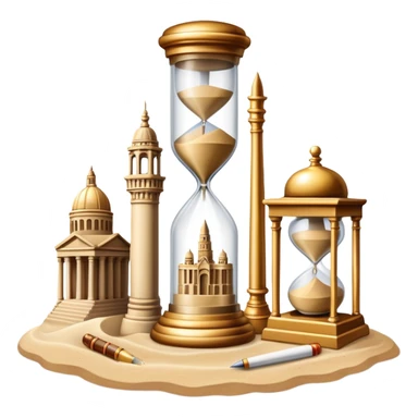 icon featuring ancient scrolls, quill pen with famous historical landmarks and monuments in the background. Large, antique sand clocks with sand pouring out represent the passage of time. Historical figures are depicted as statues. Transparent background. sticker