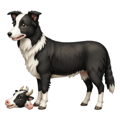 A black and white border collie is chewing on a cow's hoof. sticker