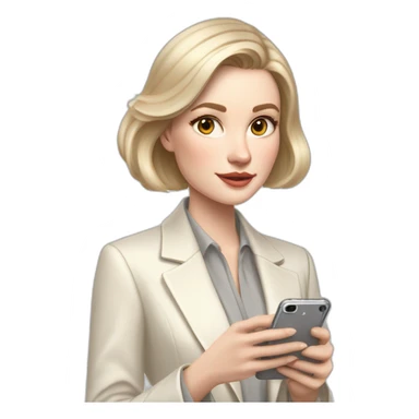pale skin woman with ash blonde Straightened bob Hair, White Spacious classical jacket, beige palazzo Arrow pants and gray blouse holding white IPhone 15 pro in the hands sticker