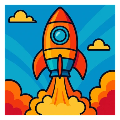colorful rocket ship blasting off, vibrant colors, cartoon style sticker