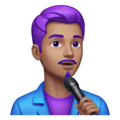 man speaking into a microphone, with neon glow effect, blue neon glow on top left, purple neon glow on bottom right sticker