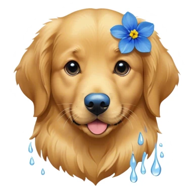 Golden retriever with a blue flower sticker