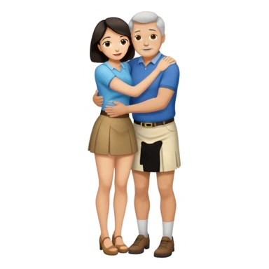 older man with dark hair on knees, facing dark haired, middle aged woman in a micro mini skirt, hugging her waist sticker