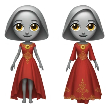 a gray alien woman, full body, in red Romanov dress sticker