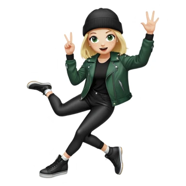 iPhone emoji style girl, blonde hair, black beanie, dark green eyes, freckles, winking, tongue out. Wearing black leather jacket, black leggings, big boobs, long white socks. Right hand doing "OK" sign. Full body, playful skater vibe, transparent background. sticker