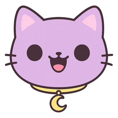 Create an image of just the head of a purple cat with solid black eyes, a wide open black mouth with no teeth, and a visible gold crescent moon pendant. The background should be removed, leaving only the cat's head and pendant visible. sticker