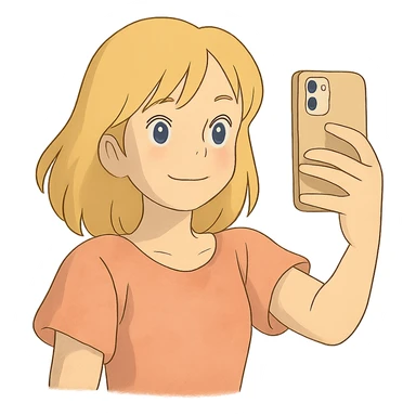 ghibli style illustration of a blonde girl taking a selfie with soft colors sticker