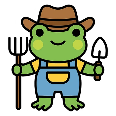 color outline icon of a frog in cowboy hat and overalls, holding gardening tools sticker