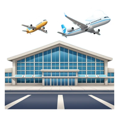 A 3D cartoon airport terminal building with glass windows and airplanes nearby, clean lighting, Memoji-style rendering. sticker