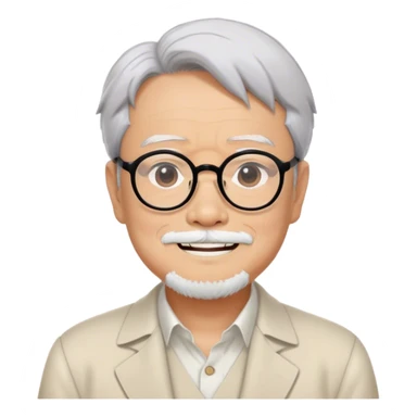 ​Cinematic Realistic Portrait of Hayao Miyazaki, depicted with defined black eyebrows, and large rectangular glasses, his happy expression rendered in lifelike detail, illuminated with soft, realistic lighting that emphasizes his creative genius, sticker