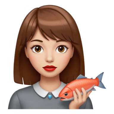 woman with brown hair, right bangs salmon red, grey eyes emoji sticker