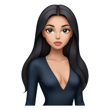 Glamours, tanned, very beautiful girl, with big pump peach-beige-rose lips, long long lashes, black straight smooth silky long hair, straight parting hair, blue-grey eyes in black long-sleeves v-neck bodysuit sticker