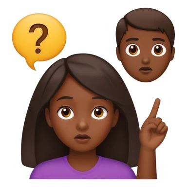 a young girl with dark skin in the middle of two men, looking indecisive, with a question mark over her head sticker