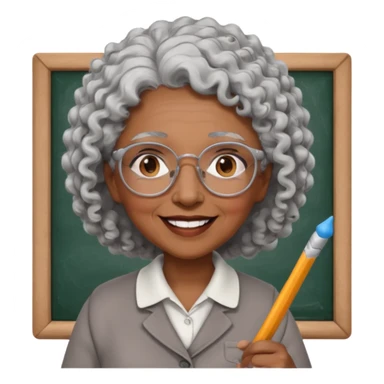 old woman teacher, brown skin, curly grey white hai, wearing glasses, hold chalk on hand sticker