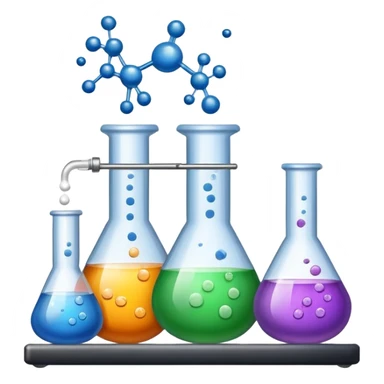 An icon featuring chemical flasks, liquids, powders, and chemical formulas, symbolizing the science of chemistry. The design includes bubbling reactions, molecular structures, and test tubes, representing experimentation and chemical analysis. Transparent background. sticker