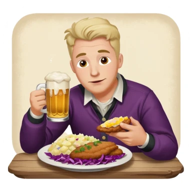 German man eating schnitzel, potato salad, red cabbage, sauerkraut, and beer sticker
