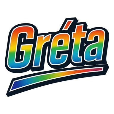 The name 'Gréta' in modern, precise Hungarian letters with a rainbow gradient fill, extra thick white letter outline, dark contour, transparent background, dynamic slanted underline, in the style of the reference samples. sticker