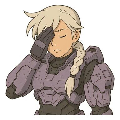 female, wearing reach spartan armor shoulder-unequip, long white braid hair with massive messy front side single bangs, gold yellow eyes, attention pose, D-cup size, HALO:series, no helmet, the armor is lavender color scheme, facepalm, smh, eyes closed sticker