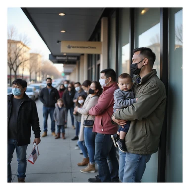 photo-realistic documentary style, family with children and elderly in line outside a modern clinic, some masked, clear vaccination sign, urban setting, soft daylight, 4K resolution sticker